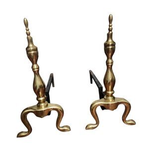 Vintage Brass Fireplace Andirons Pair Gold Heavy Metal Base Fire Place Colonial